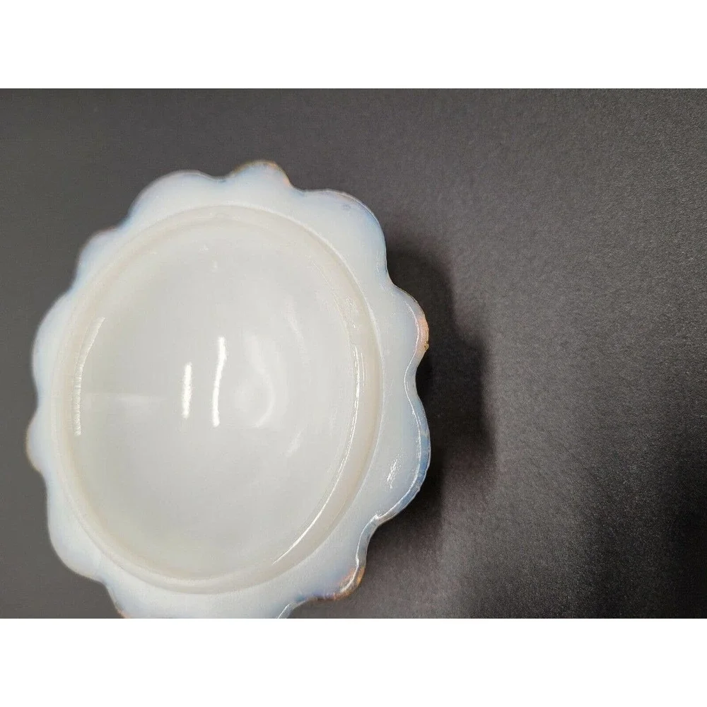 ATQ Milk Glass Vanity Tray Powder Trinket Box Victorian #513 Gold Tone Trim